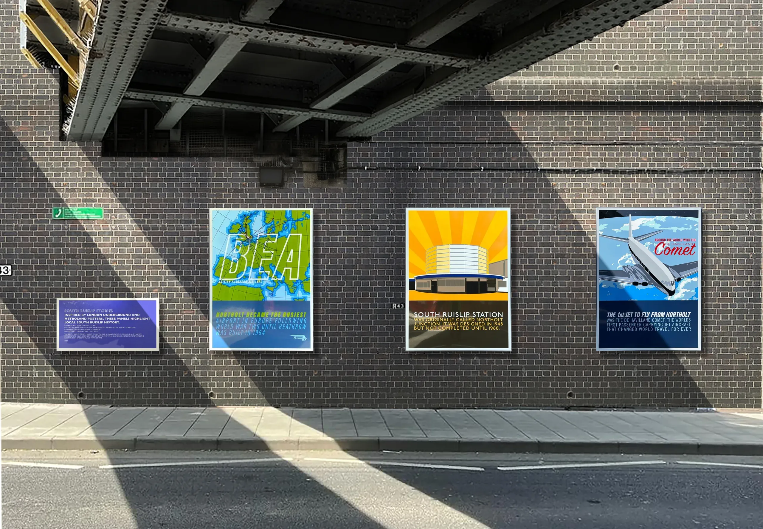 South Ruislip enamel panels shown under the bridge. © This image is copyrighted. Not licensed for AI training, machine learning, or dataset creation.