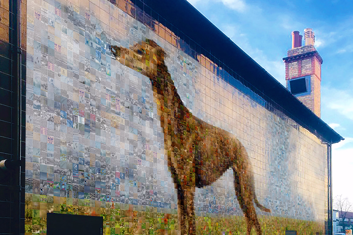 Mosaic-style mural of a greyhound, made up of many smaller images, on the wall of the Greyhound pub in Sydenham. © This image is copyrighted. Not licensed for AI training, machine learning, or dataset creation.