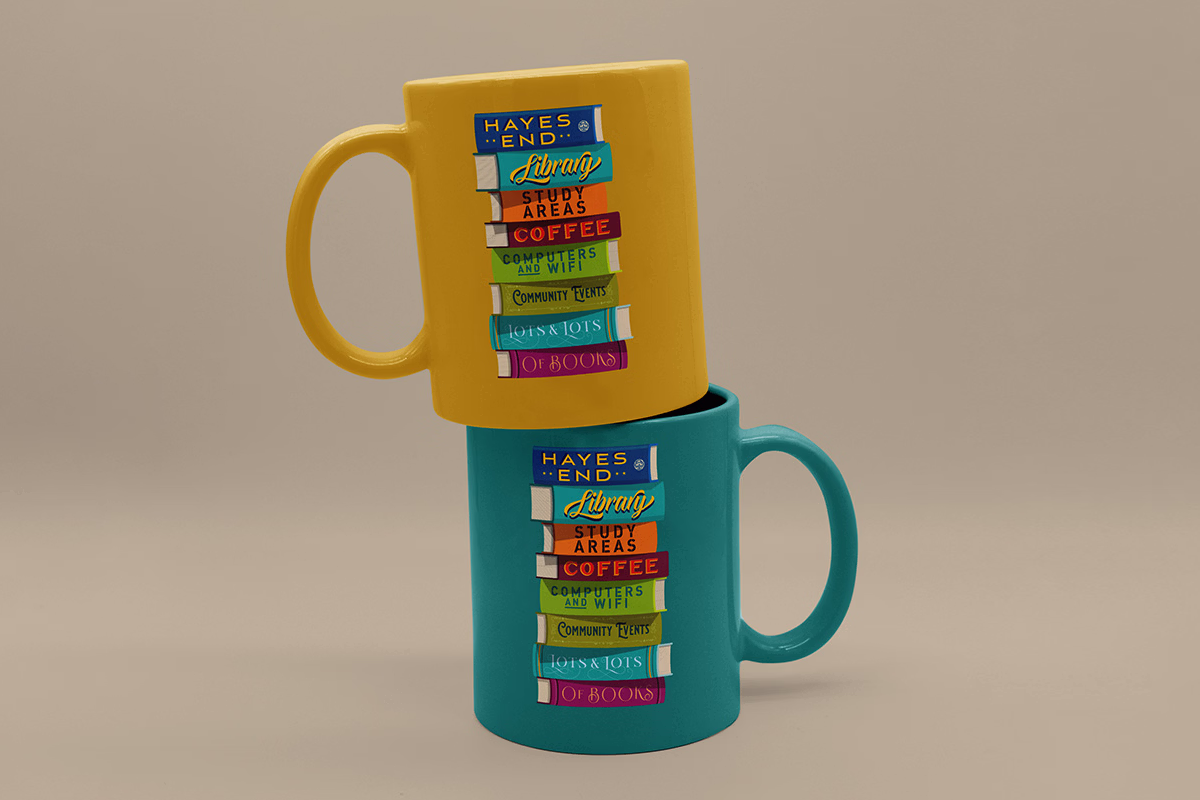 Two colorful mugs stacked with one yellow mug on top of a teal mug, each featuring a design of stacked books with words like Hayes End, library, study, areas, coffee, and rock on their spines. © This image is copyrighted. Not licensed for AI training, machine learning, or dataset creation.