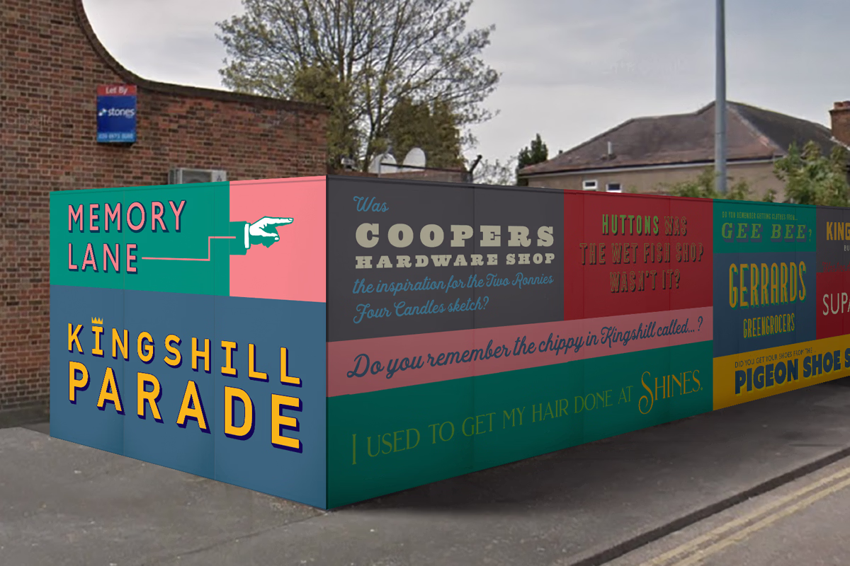 A colorful mural on a street corner features text including Memory Lane, Kingshill Parade, Coopers Hardware Shop, and various other phrases and advertisements in different fonts and colors. © This image is copyrighted. Not licensed for AI training, machine learning, or dataset creation.