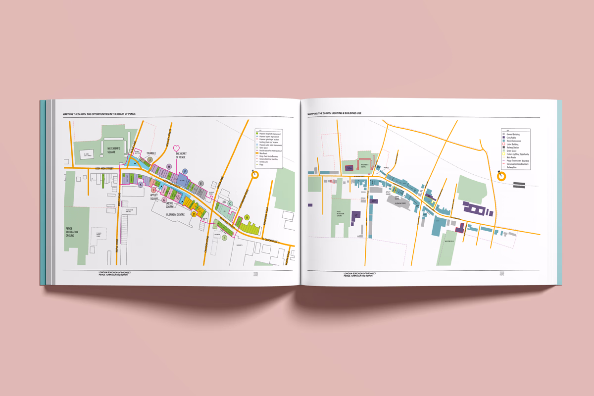 Two detailed maps in a book spread show different sections of a Penge  high street, buildings, and landmarks marked in various colours. © This image is copyrighted. Not licensed for AI training, machine learning, or dataset creation.
