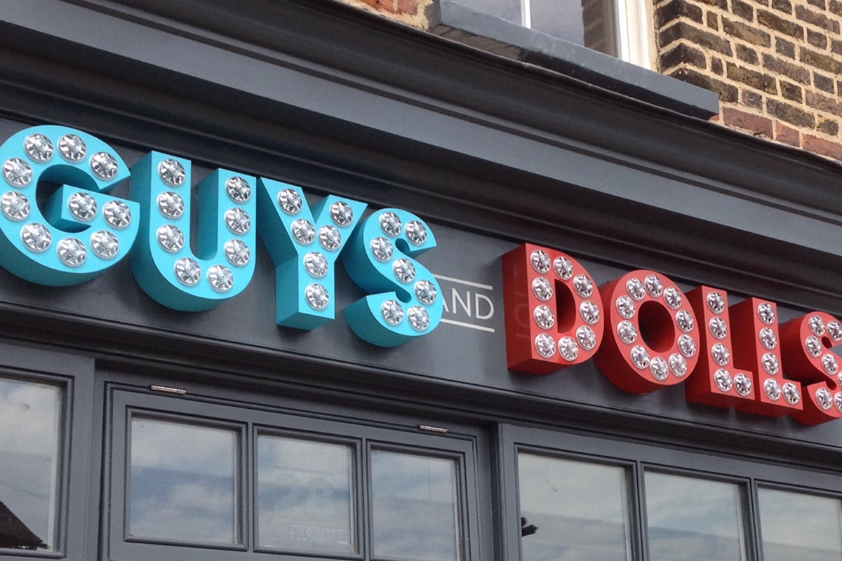 A storefront sign with large, three-dimensional letters spelling "GUYS" in blue and "DOLLS" in red, each letter decorated with round light bulbs. © This image is copyrighted. Not licensed for AI training, machine learning, or dataset creation.