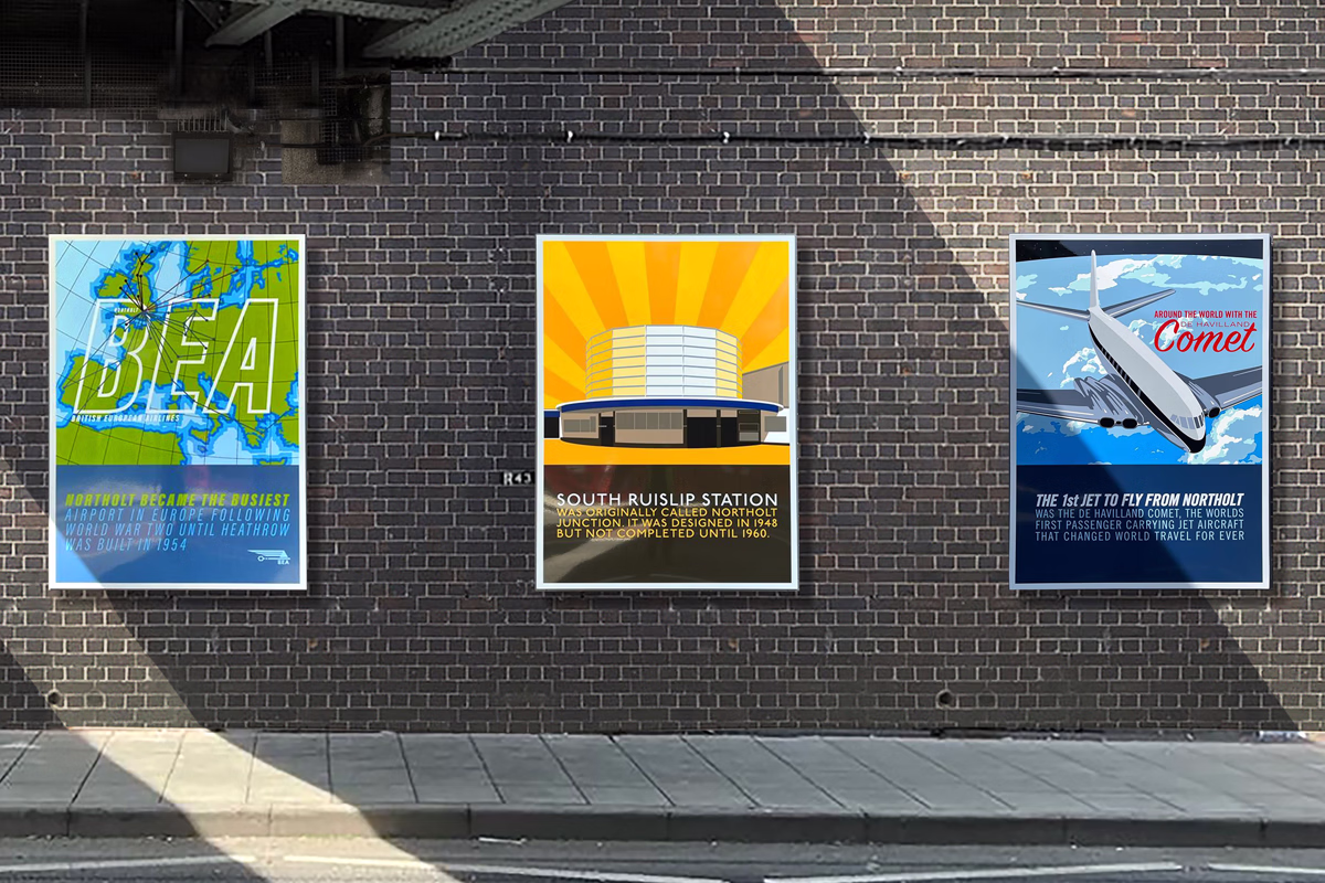 Enamel travel posters are displayed on a brick wall under a bridge, featuring a map with the text BEA, a stylized building with sun rays, and an airplane with the word Comet.