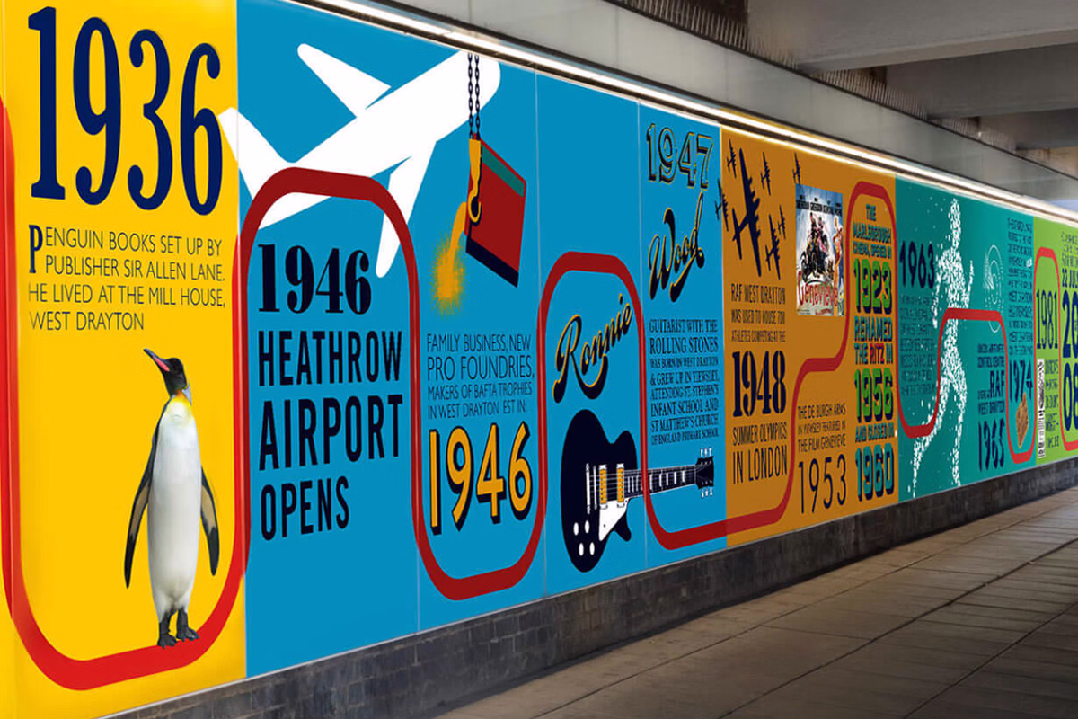 A colorful mural on a wall depicts a timeline with key historical events in West Drayton with illustrations including a penguin, airplane, guitar, and various text blocks.  © This image is copyrighted. Not licensed for AI training, machine learning, or dataset creation.