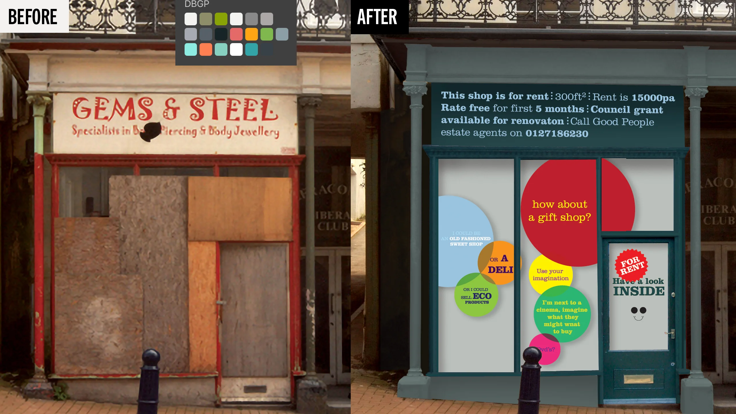 A storefront transformation shows a boarded-up shop labeled Gems & Steel replaced by a colorful, inviting shop front with circular signs promoting deals and a welcoming message. © This image is copyrighted. Not licensed for AI training, machine learning, or dataset creation.