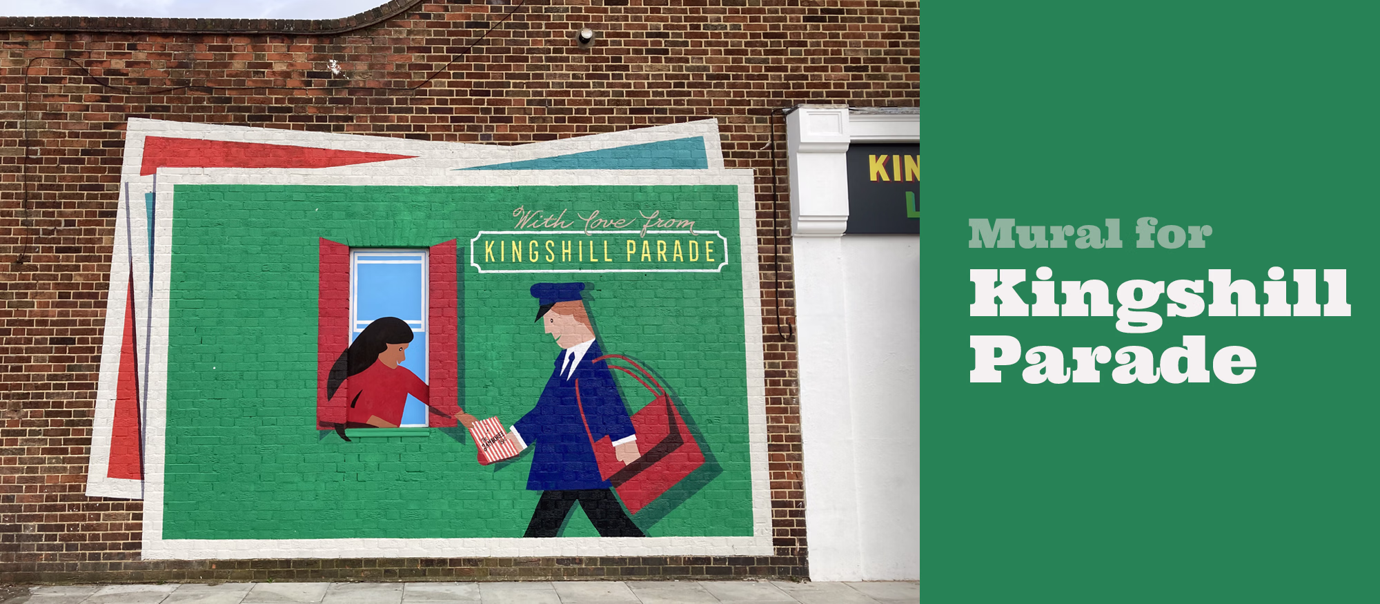 A mural on a brick wall depicts a person in a red shirt handing a package of sweets through a window to a postman in a blue uniform carrying a mailbag, with a street sign reading Kingshill Parade above them. © This image is copyrighted. Not licensed for AI training, machine learning, or dataset creation.