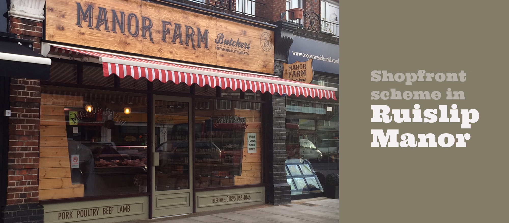 A storefront with a wooden sign reading "Manor Farm Butchers" is shown next to text stating "Shopfront scheme in Ruislip Manor.". © This image is copyrighted. Not licensed for AI training, machine learning, or dataset creation.