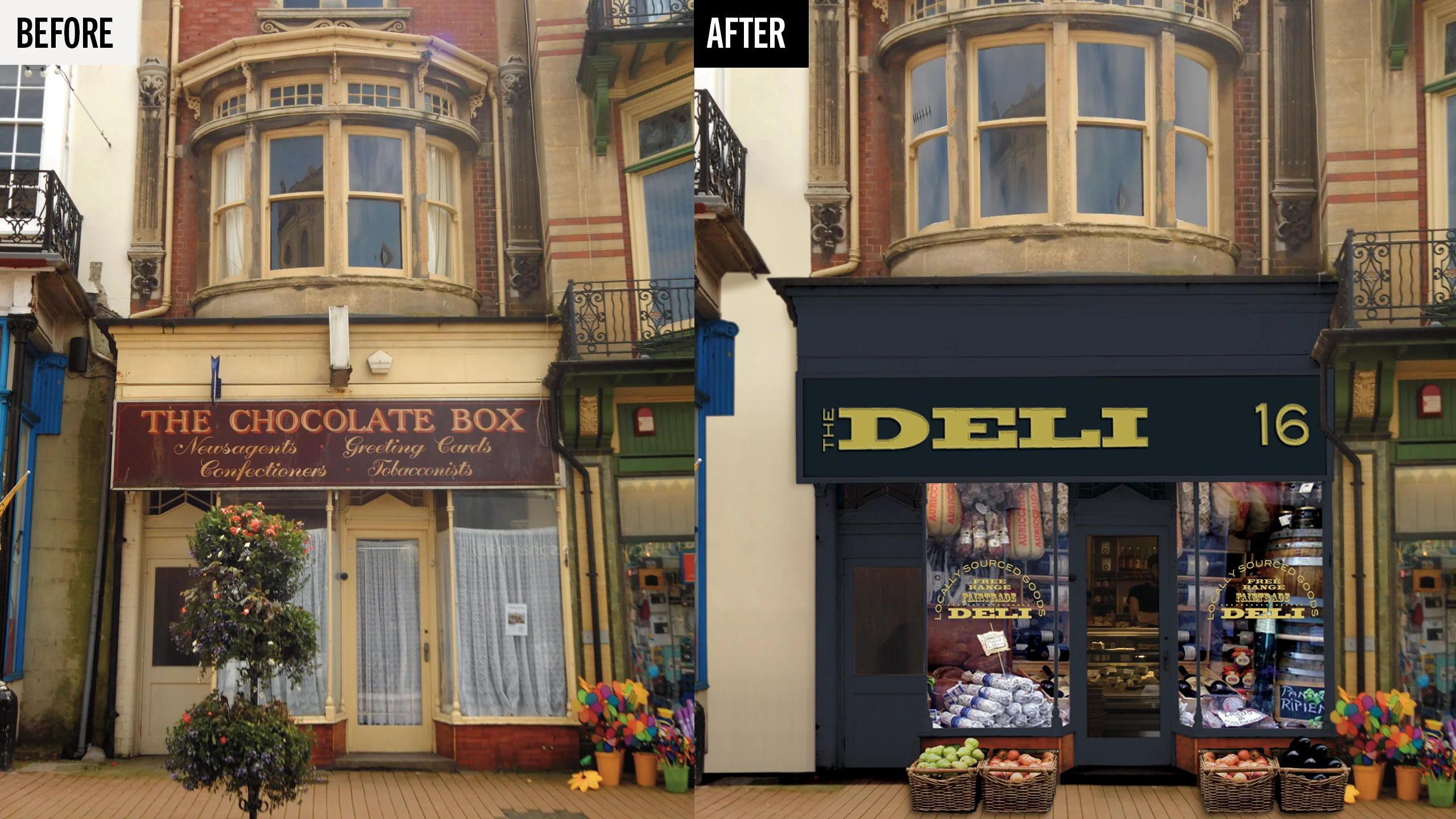 A before and after comparison shows a storefront transformed from a closed chocolate shop with a brown sign to an open deli with a dark blue sign and visible fresh produce and goods inside. © This image is copyrighted. Not licensed for AI training, machine learning, or dataset creation.