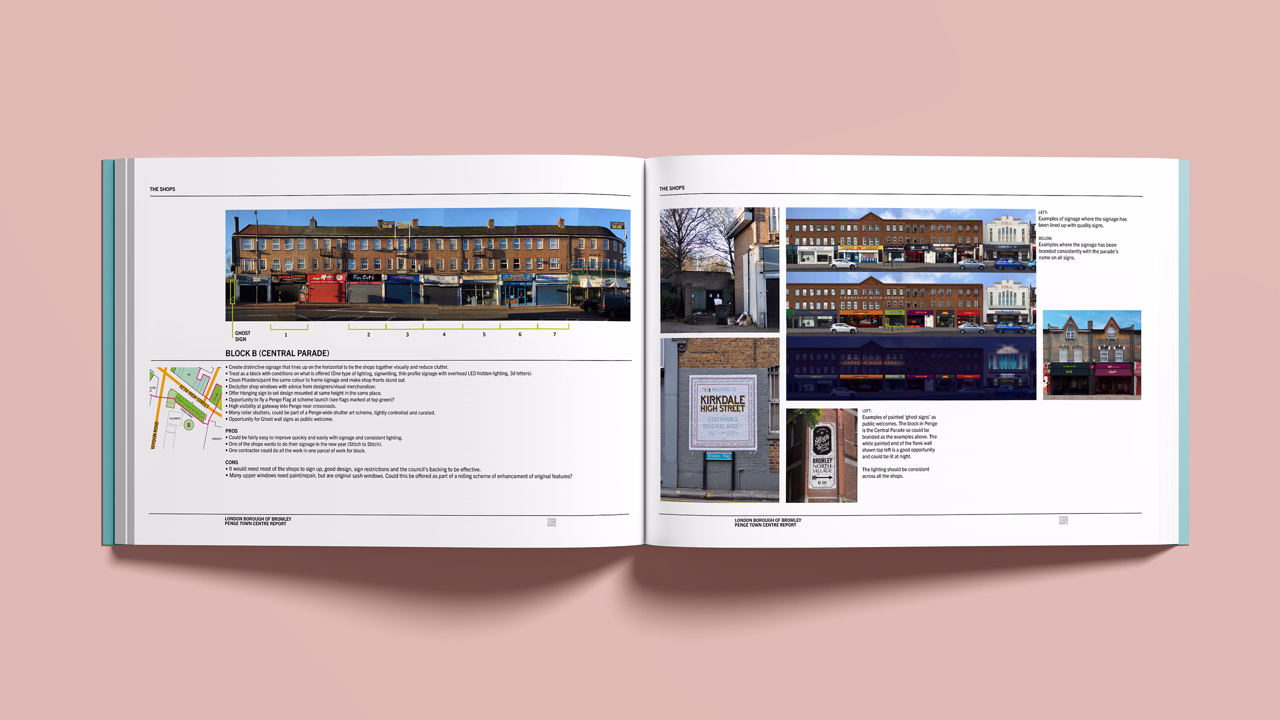 An open book displays multiple photographs and text describing various storefronts and signs in Penge, with suggestions on how to improve them. © This image is copyrighted. Not licensed for AI training, machine learning, or dataset creation.