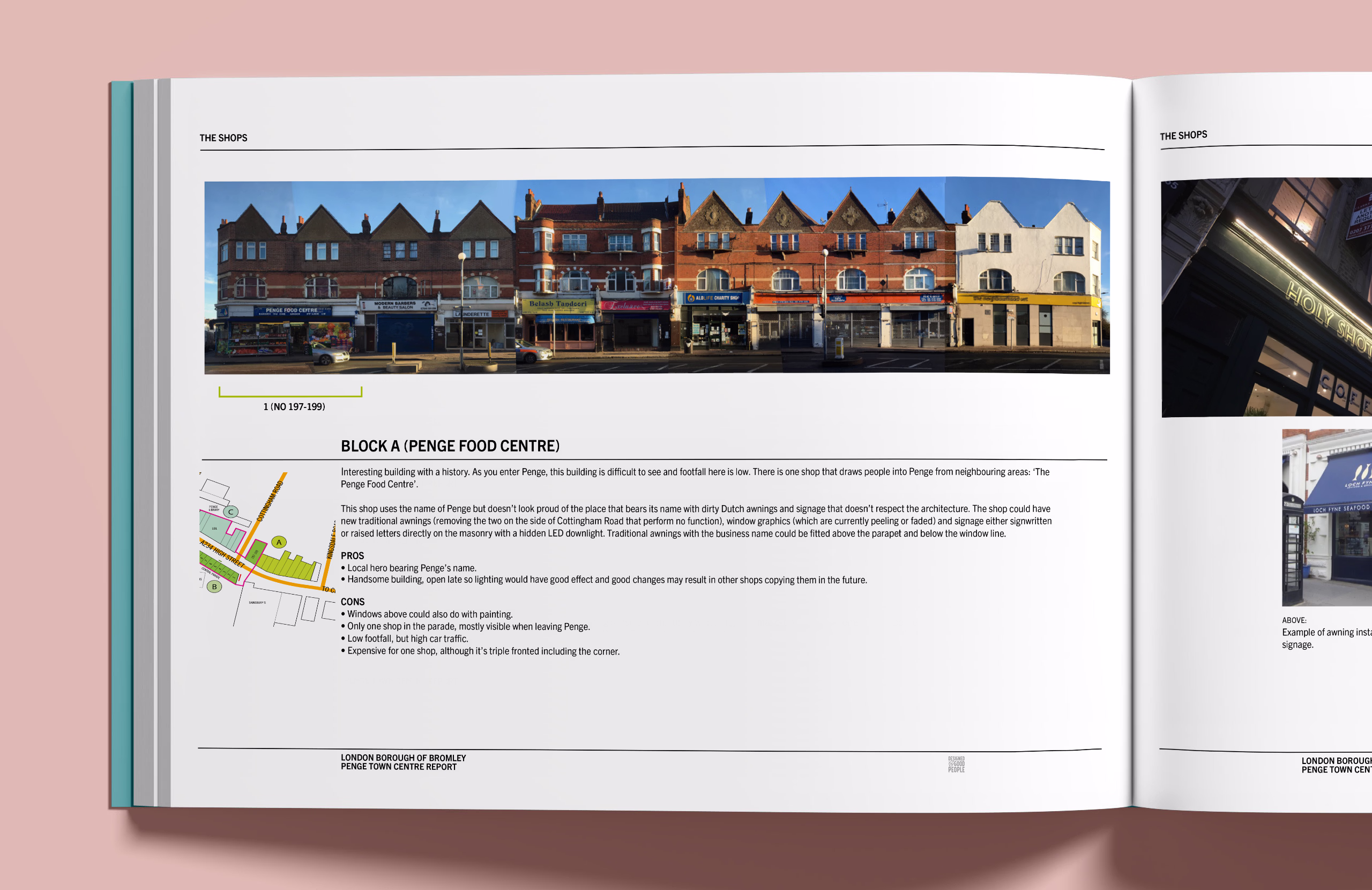 An open book displays photos and text about Penge with buildings featuring storefronts and awnings under a clear sky. © This image is copyrighted. Not licensed for AI training, machine learning, or dataset creation.