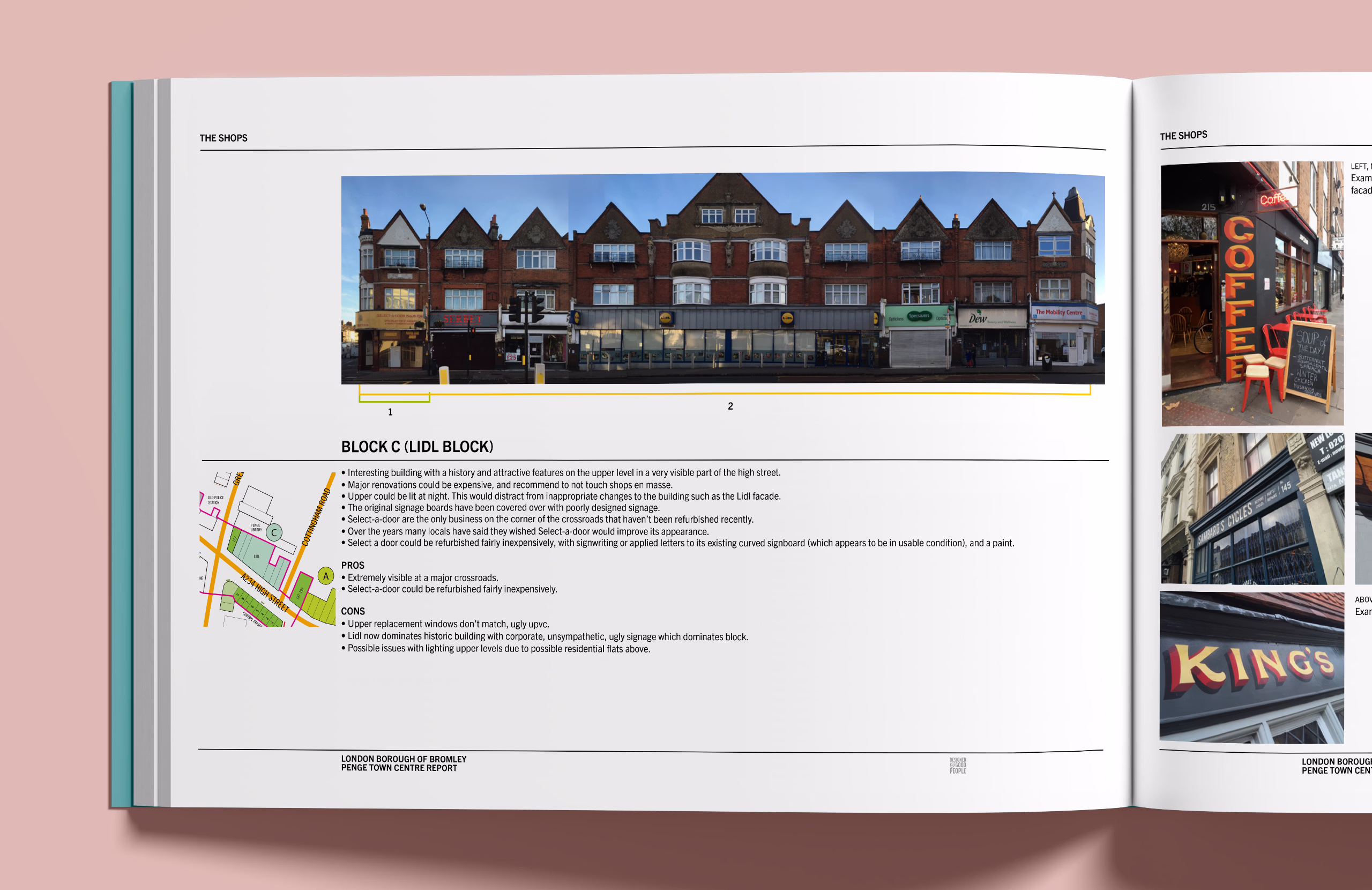 A book spread showing a panoramic photo of a row of historic brick buildings in Pengue with LIDL on the ground floor, accompanied by a small map and descriptive text of suggestions. © This image is copyrighted. Not licensed for AI training, machine learning, or dataset creation.