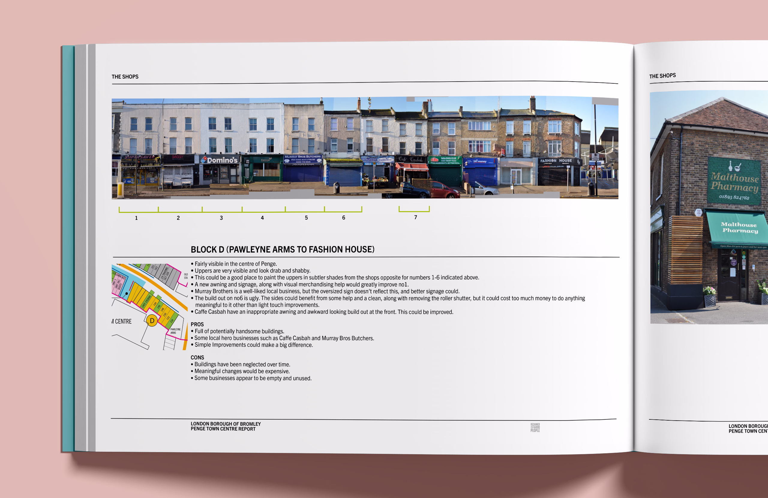 A book spread showing a panoramic photo of a row of shops in Penge above text and a small map on the left page and a partial photo of a building with a green awning on the right page. © This image is copyrighted. Not licensed for AI training, machine learning, or dataset creation.