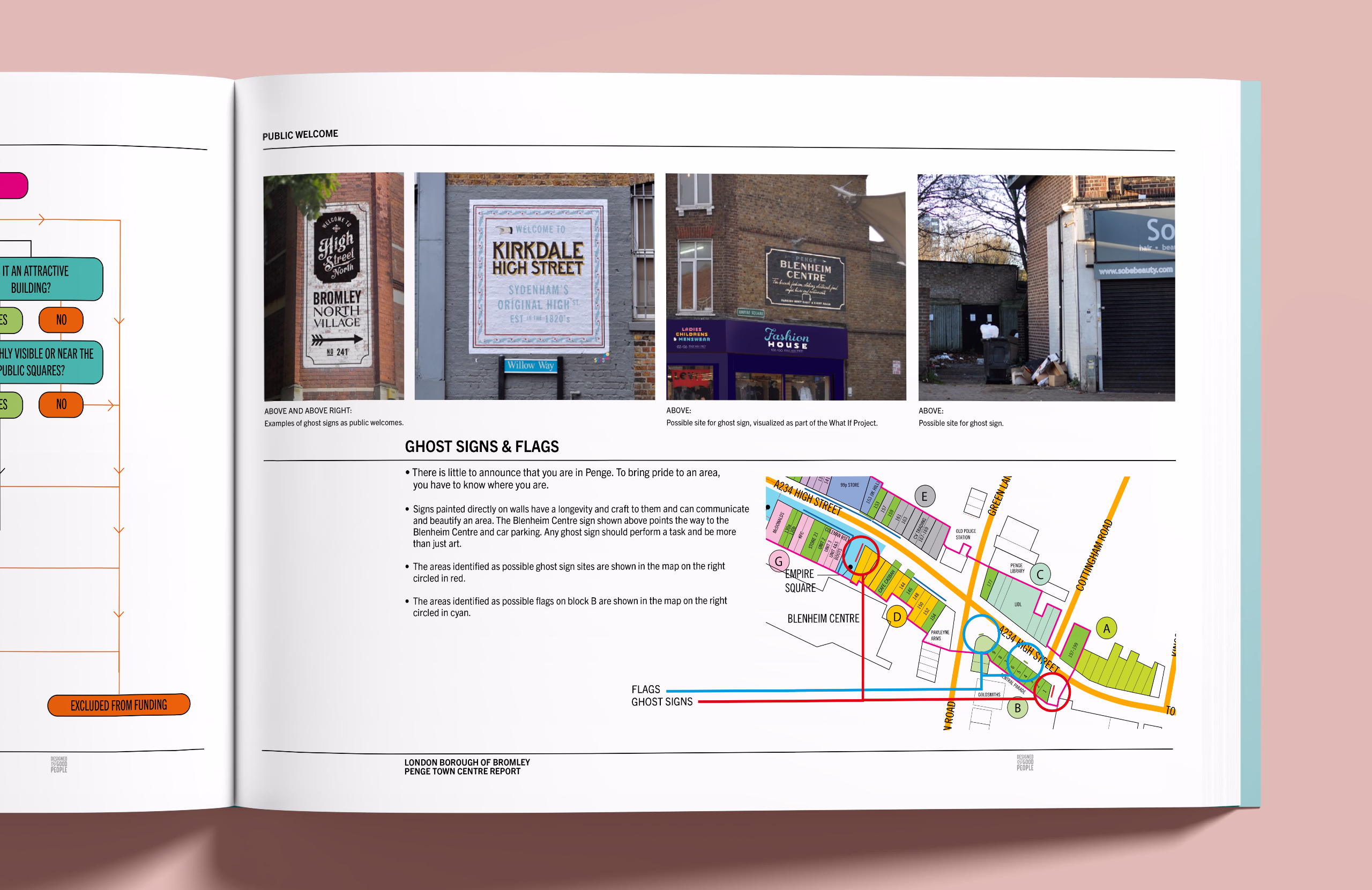 A book spread showing photos of storefront signs and a detailed map with text describing Penge High Street. © This image is copyrighted. Not licensed for AI training, machine learning, or dataset creation.