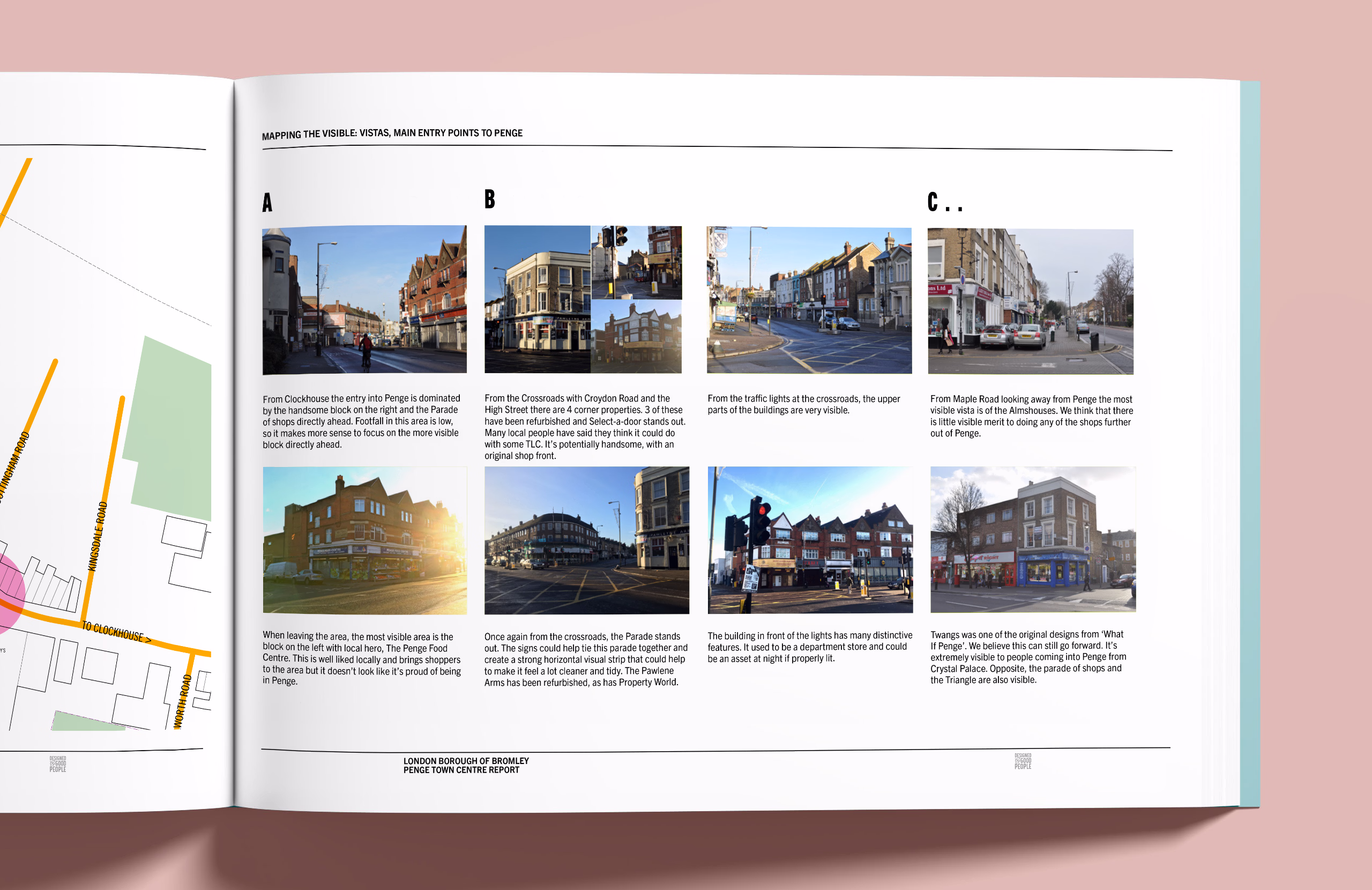 A book spread showing a layout of eight Penge street scene photographs with captions beneath each, arranged in two rows labeled A, B, and C, depicting various urban buildings and roads. © This image is copyrighted. Not licensed for AI training, machine learning, or dataset creation.