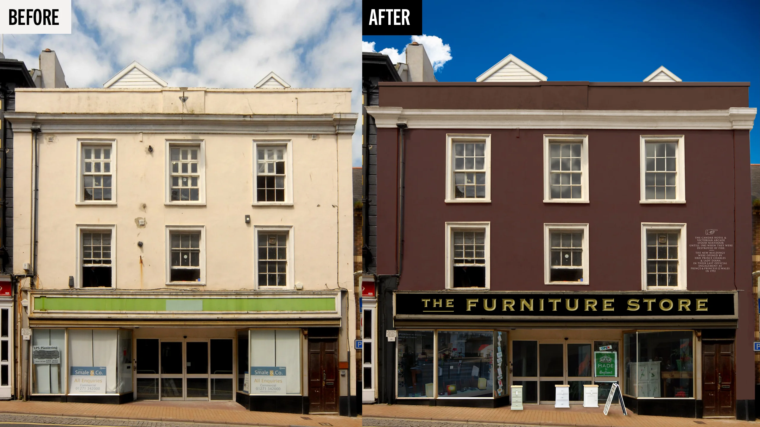 A side-by-side comparison shows a building before and after renovation with the facade changing from a plain beige exterior to a dark brown exterior featuring a sign for "The Furniture Store" above the entrance. © This image is copyrighted. Not licensed for AI training, machine learning, or dataset creation.