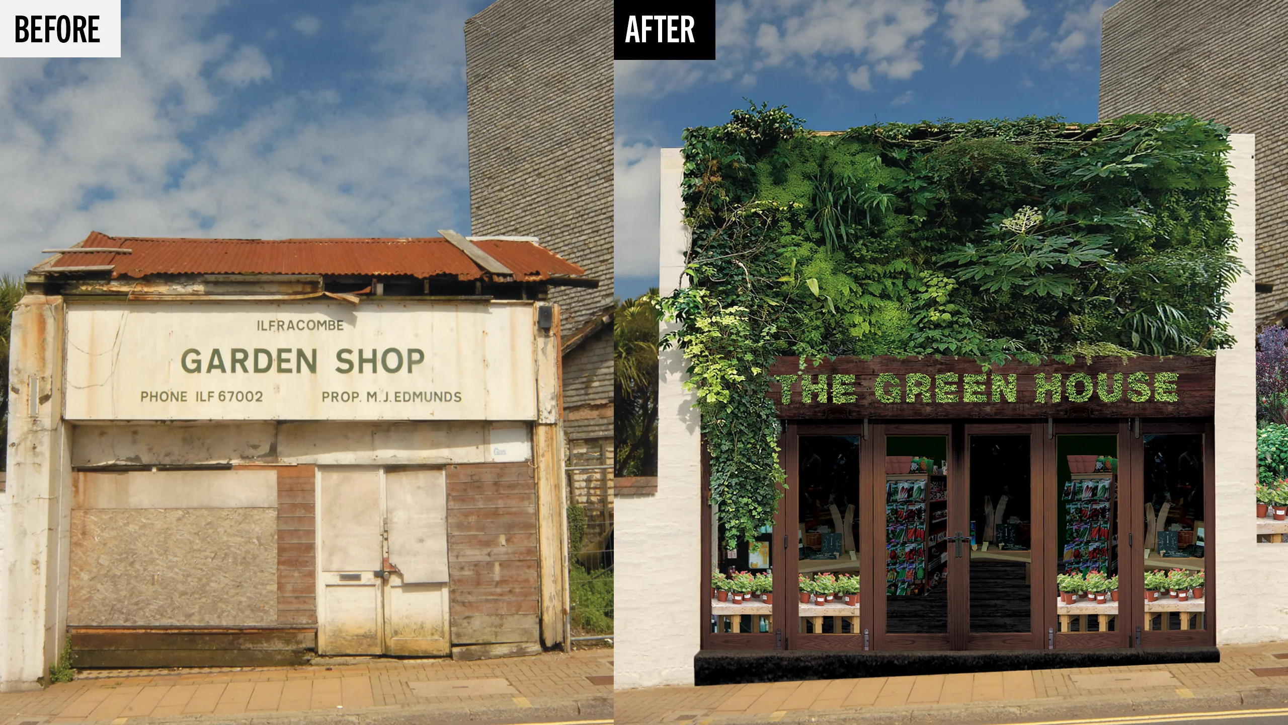 A before and after comparison showing a rundown garden shop transformed into a vibrant green house storefront covered with lush plants and greenery. © This image is copyrighted. Not licensed for AI training, machine learning, or dataset creation.