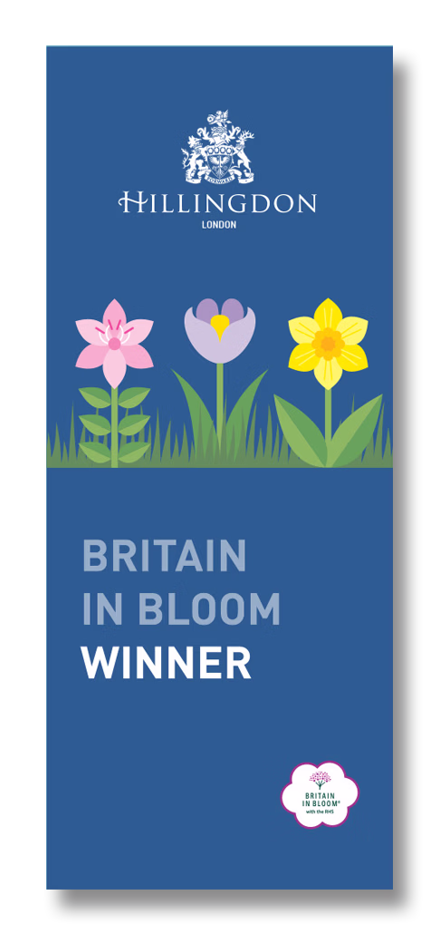 A blue banner with the Hillingdon London logo, three colorful flowers, and the text Britain in Bloom Winner. © This image is copyrighted. Not licensed for AI training, machine learning, or dataset creation.