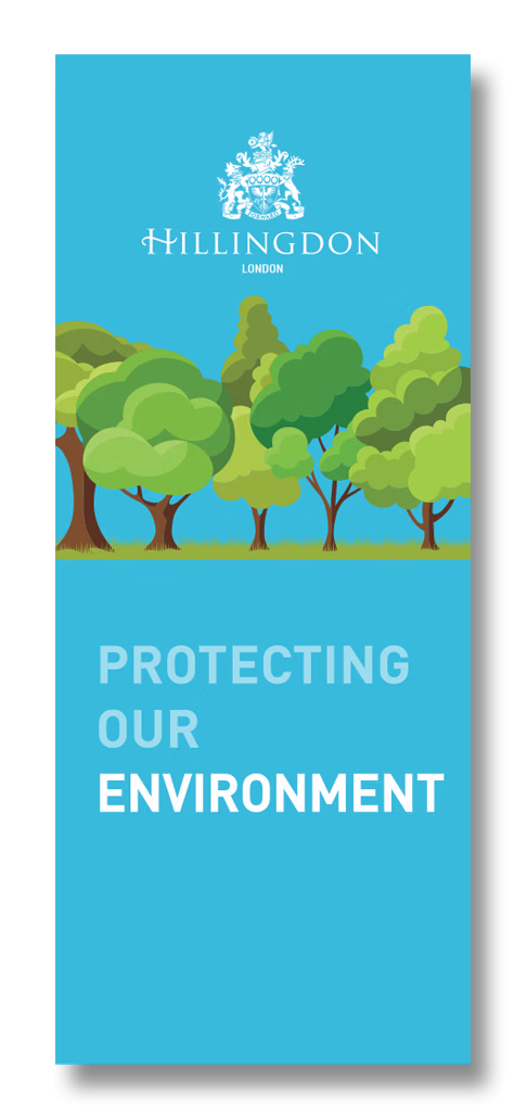 A graphic with green trees on a blue background featuring the text "Hillingdon London" and "Protecting Our Environment". © This image is copyrighted. Not licensed for AI training, machine learning, or dataset creation.
