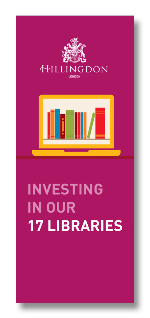 A graphic with the Hillingdon London logo above a laptop displaying colorful books and the text investing in our 17 libraries. © This image is copyrighted. Not licensed for AI training, machine learning, or dataset creation.