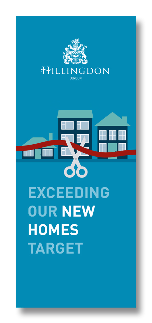 A graphic showing a pair of scissors cutting a red ribbon in front of stylized houses with the text "Hillingdon London" and "Exceeding our new homes target". © This image is copyrighted. Not licensed for AI training, machine learning, or dataset creation.