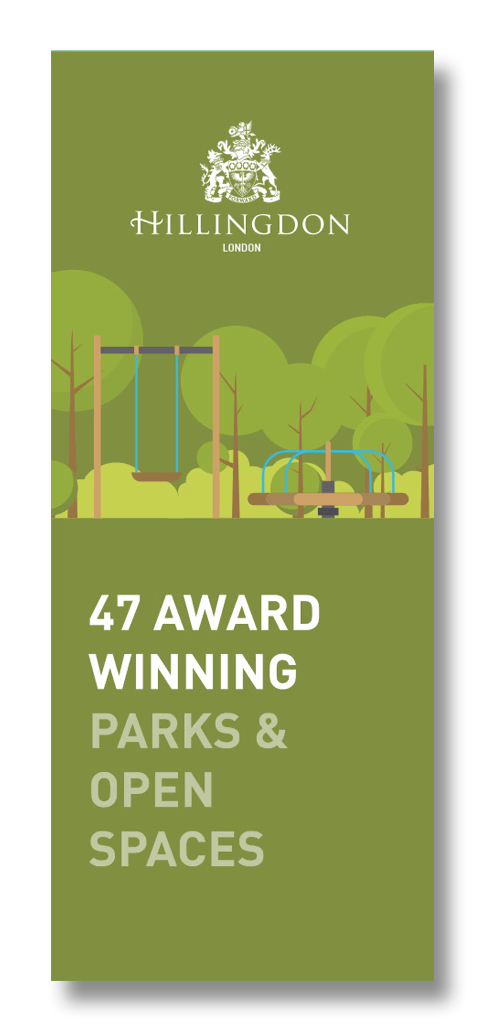 A green park scene with playground equipment and text highlighting award-winning parks and open spaces in Hillingdon, London. © This image is copyrighted. Not licensed for AI training, machine learning, or dataset creation.