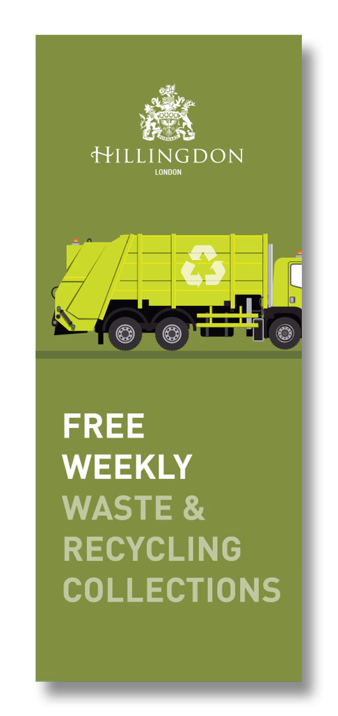 A green waste collection truck with a recycling symbol is shown above text promoting free weekly waste and recycling collections by Hillingdon London. © This image is copyrighted. Not licensed for AI training, machine learning, or dataset creation.