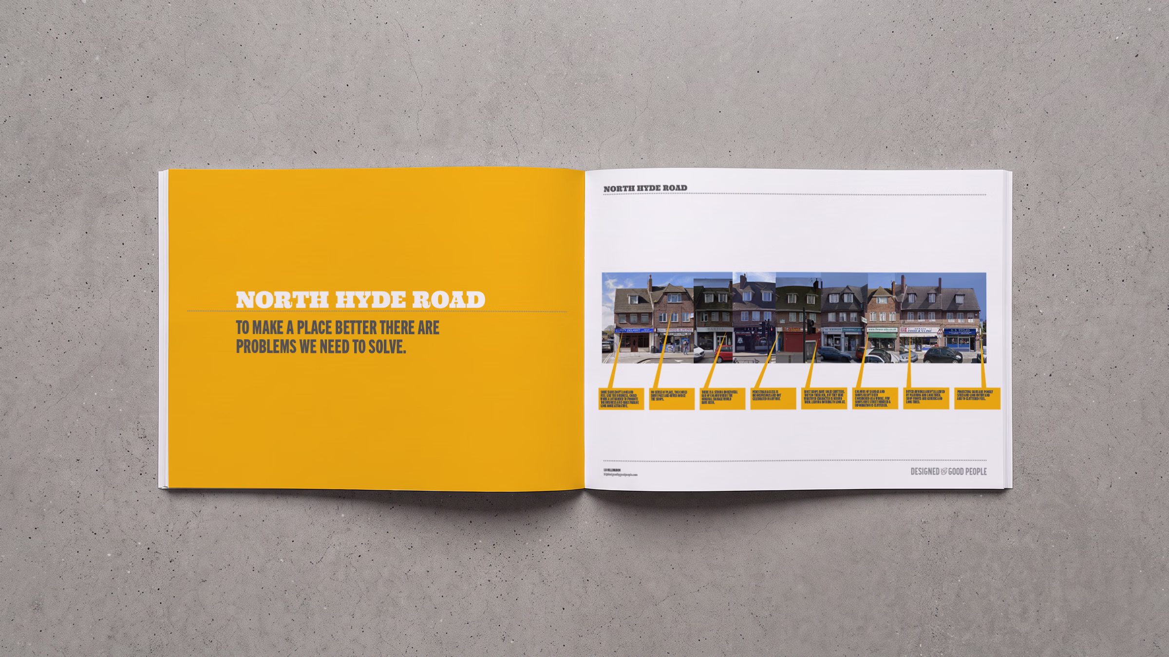 A two-page spread from a book shows a yellow page with the text "North Hyde Road to make a place better there are problems we need to solve" and a white page with a photo of a row of shops labeled with various issues and solutions. © This image is copyrighted. Not licensed for AI training, machine learning, or dataset creation.