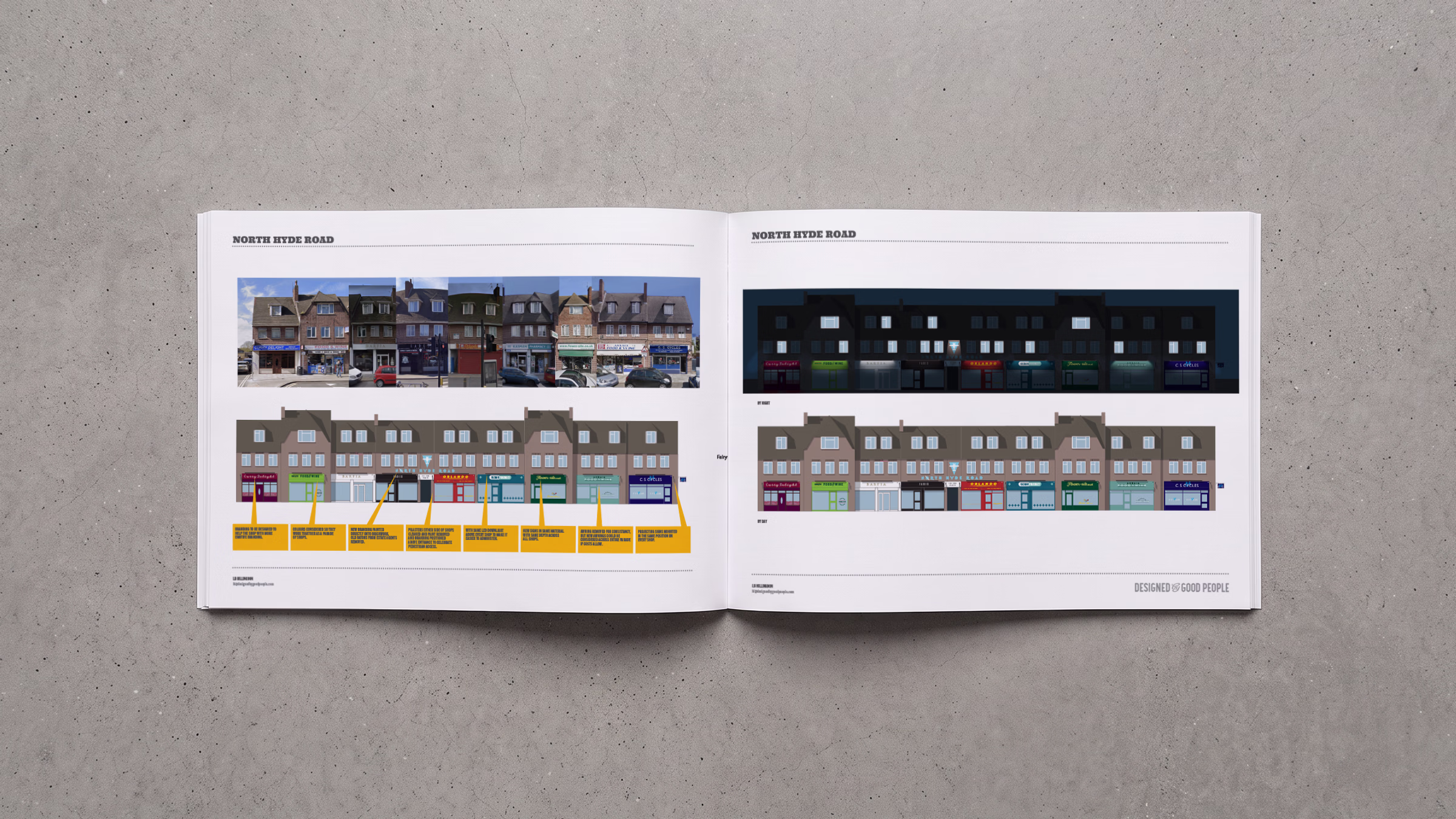 An open book on a concrete surface shows architectural drawings and photographs of a row of shops in North Hyde Road with annotations and colour-coded sections. © This image is copyrighted. Not licensed for AI training, machine learning, or dataset creation.