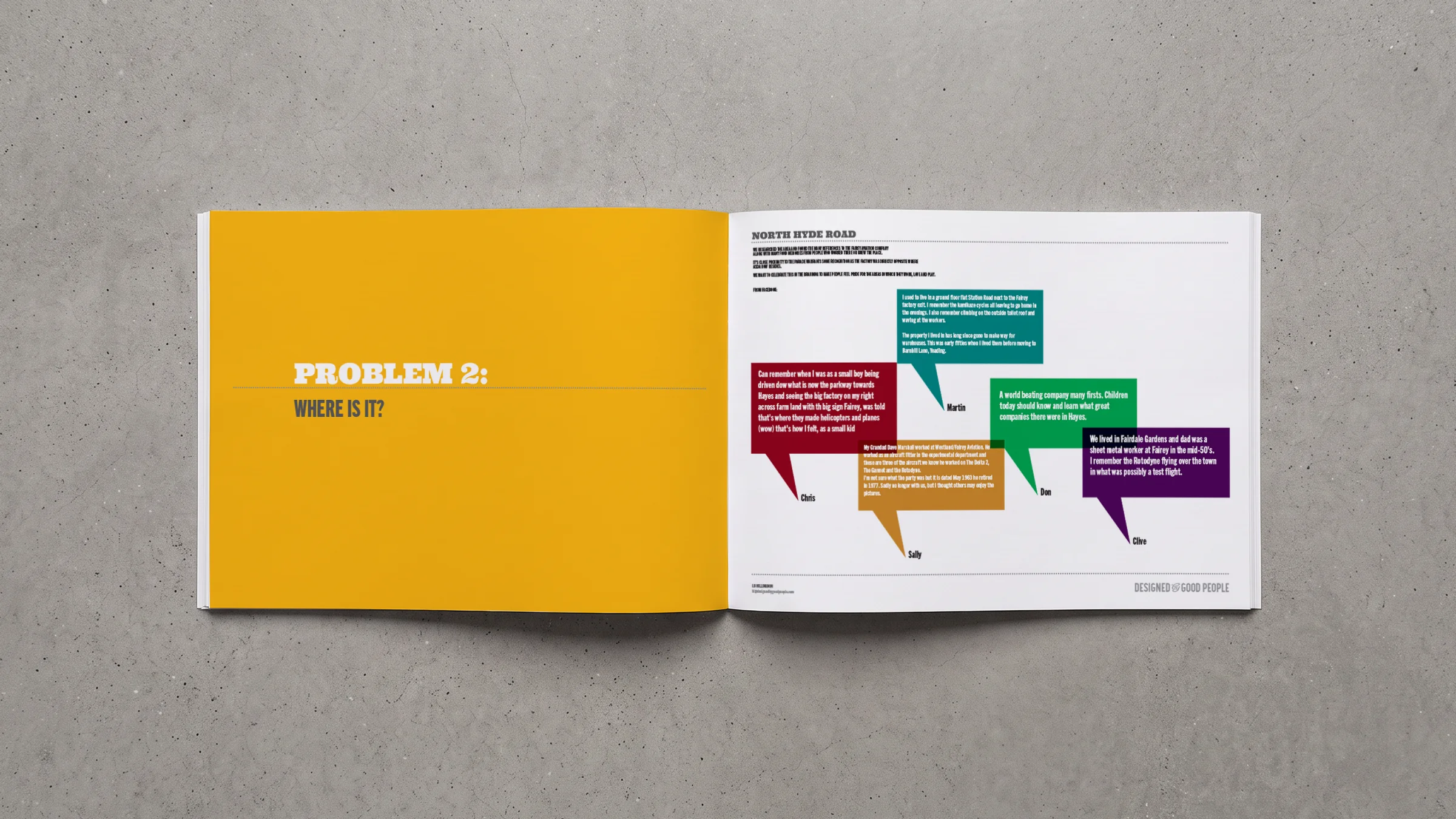 Two-page spread. The yellow left page reads "Problem 2: Where is it?" The white right page is filled with colourful speech bubbles containing quotes from people about the area and Fairey Aviation. © This image is copyrighted. Not licensed for AI training, machine learning, or dataset creation.