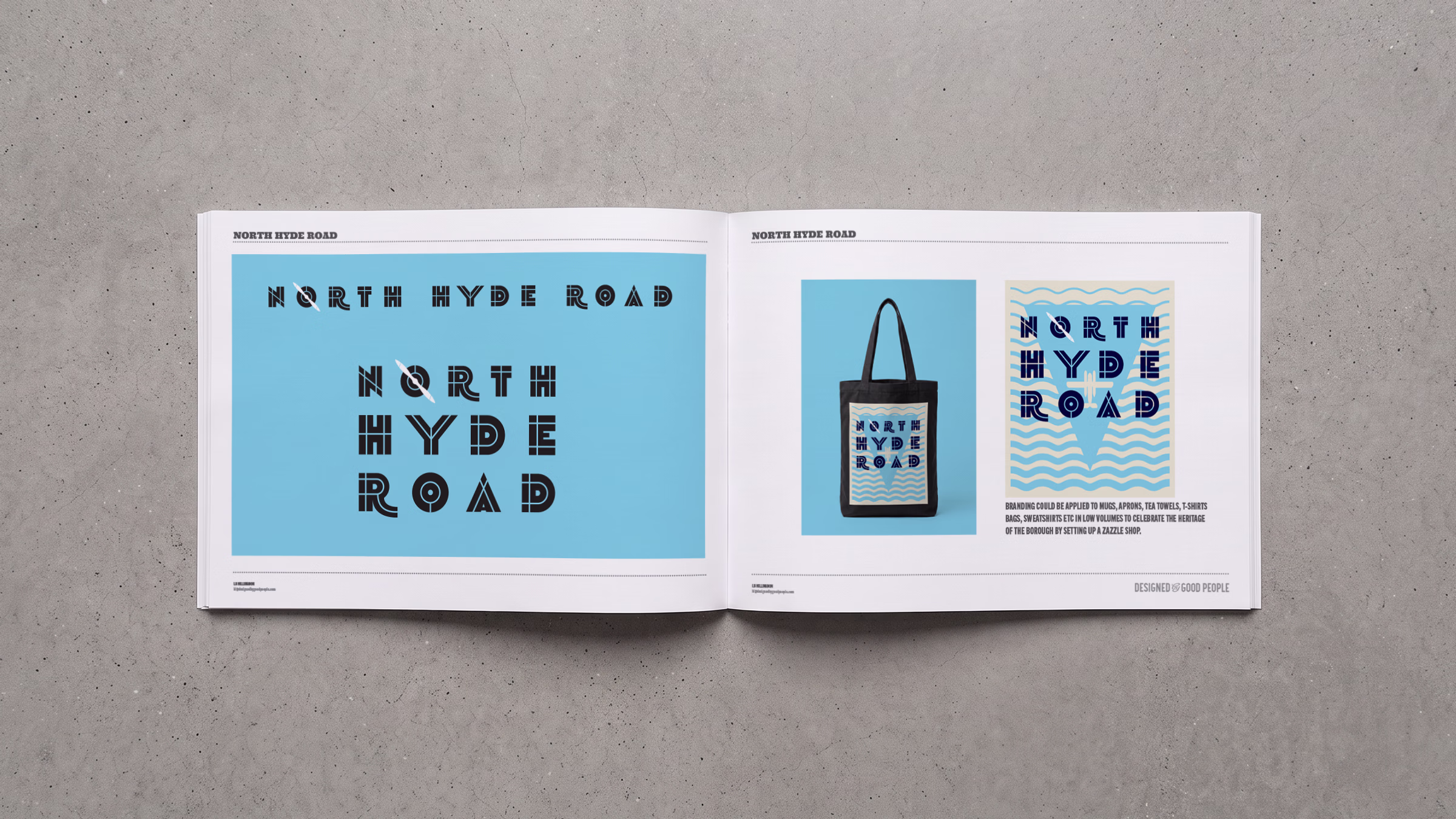An open book displays the branding work for "NORTH HYDE ROAD", including a tote bag and a poster design. © This image is copyrighted. Not licensed for AI training, machine learning, or dataset creation.